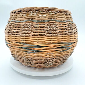 Vintage Hand Woven Basket Rattan Seagrass Artisan Signed 8.75 x 7"